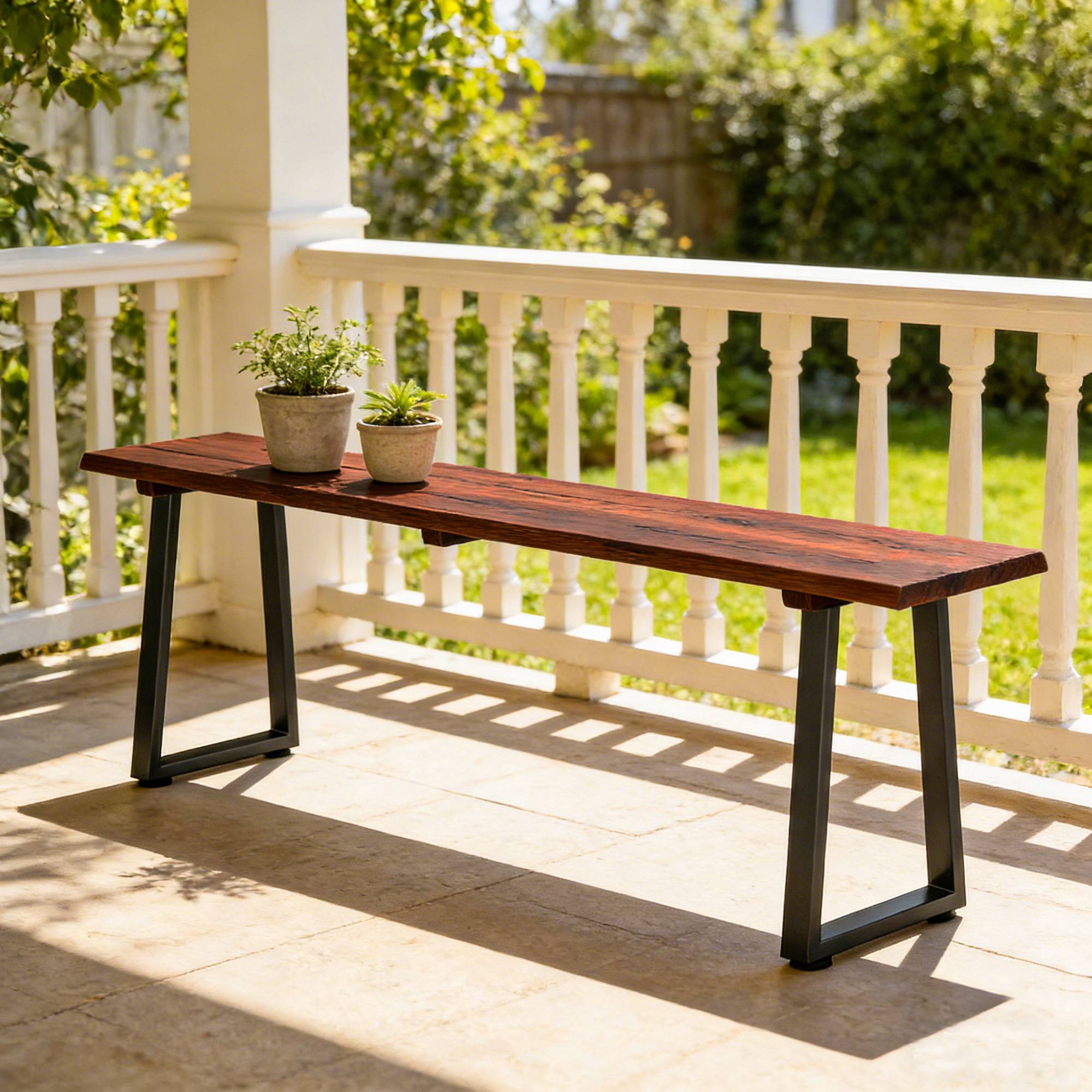 Banc de Jardin en Bois Sans Dossier en Bois, Pieds trapézoïdaux en acier, 2 Places à Effet Bois, 150x28x48cm, Carbonisé - Image 10
