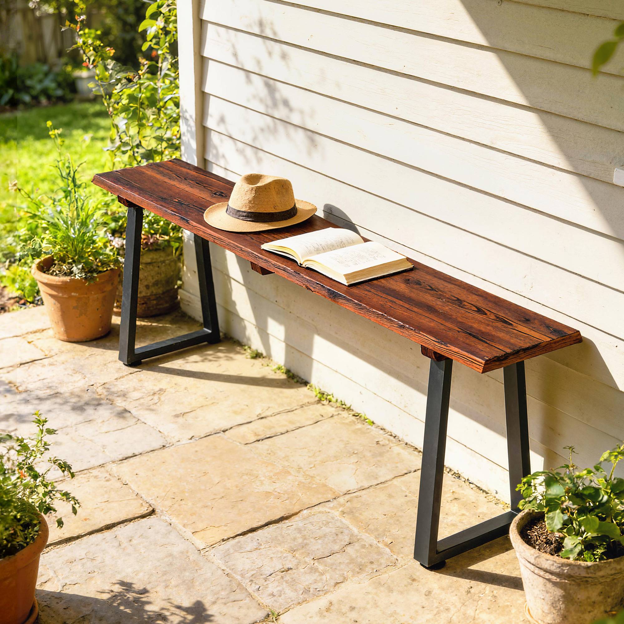 Banc de Jardin en Bois Sans Dossier en Bois, Pieds trapézoïdaux en acier, 2 Places à Effet Bois, 150x28x48cm, Carbonisé - Image 3
