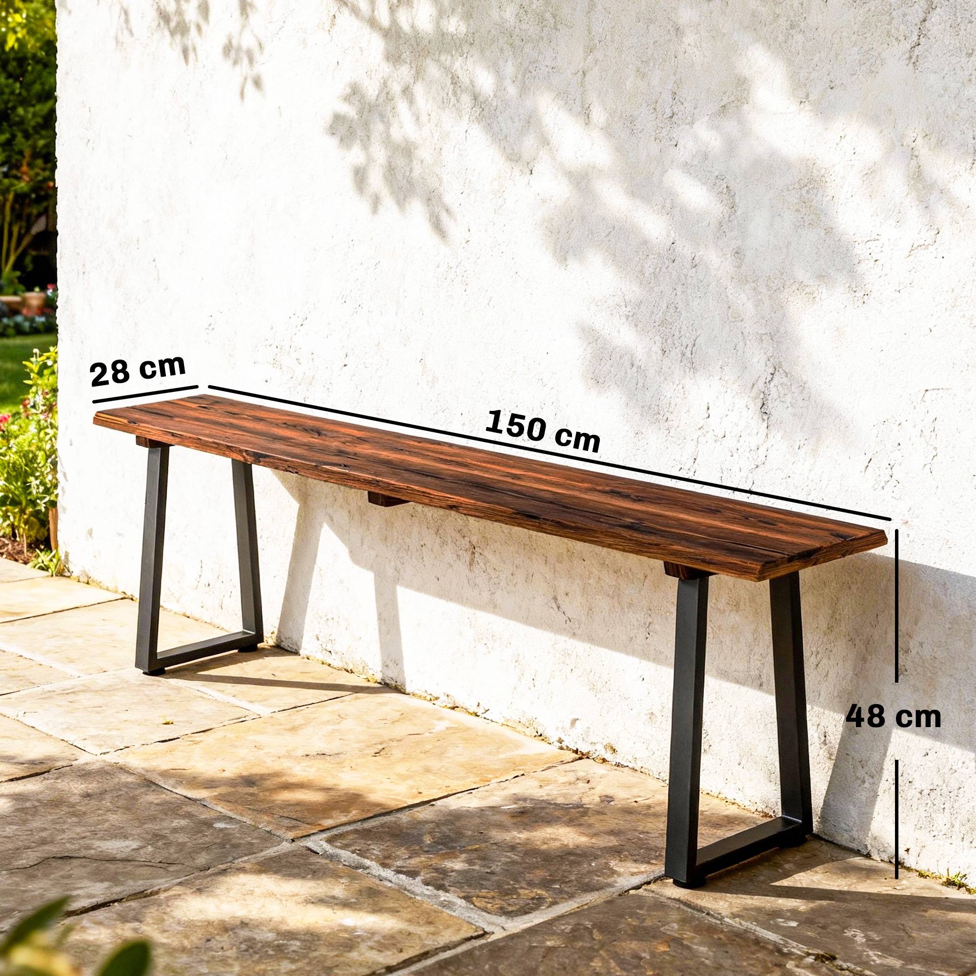 Banc de Jardin en Bois Sans Dossier en Bois, Pieds trapézoïdaux en acier, 2 Places à Effet Bois, 150x28x48cm, Carbonisé - Image 5