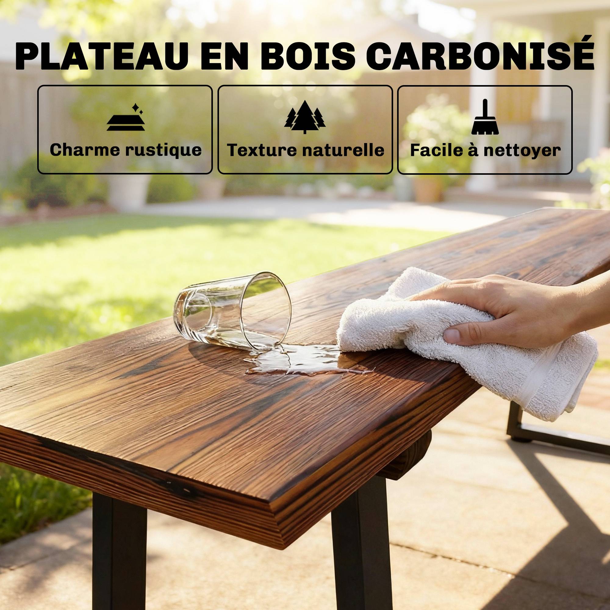 Banc de Jardin en Bois Sans Dossier en Bois, Pieds trapézoïdaux en acier, 2 Places à Effet Bois, 150x28x48cm, Carbonisé - Image 7