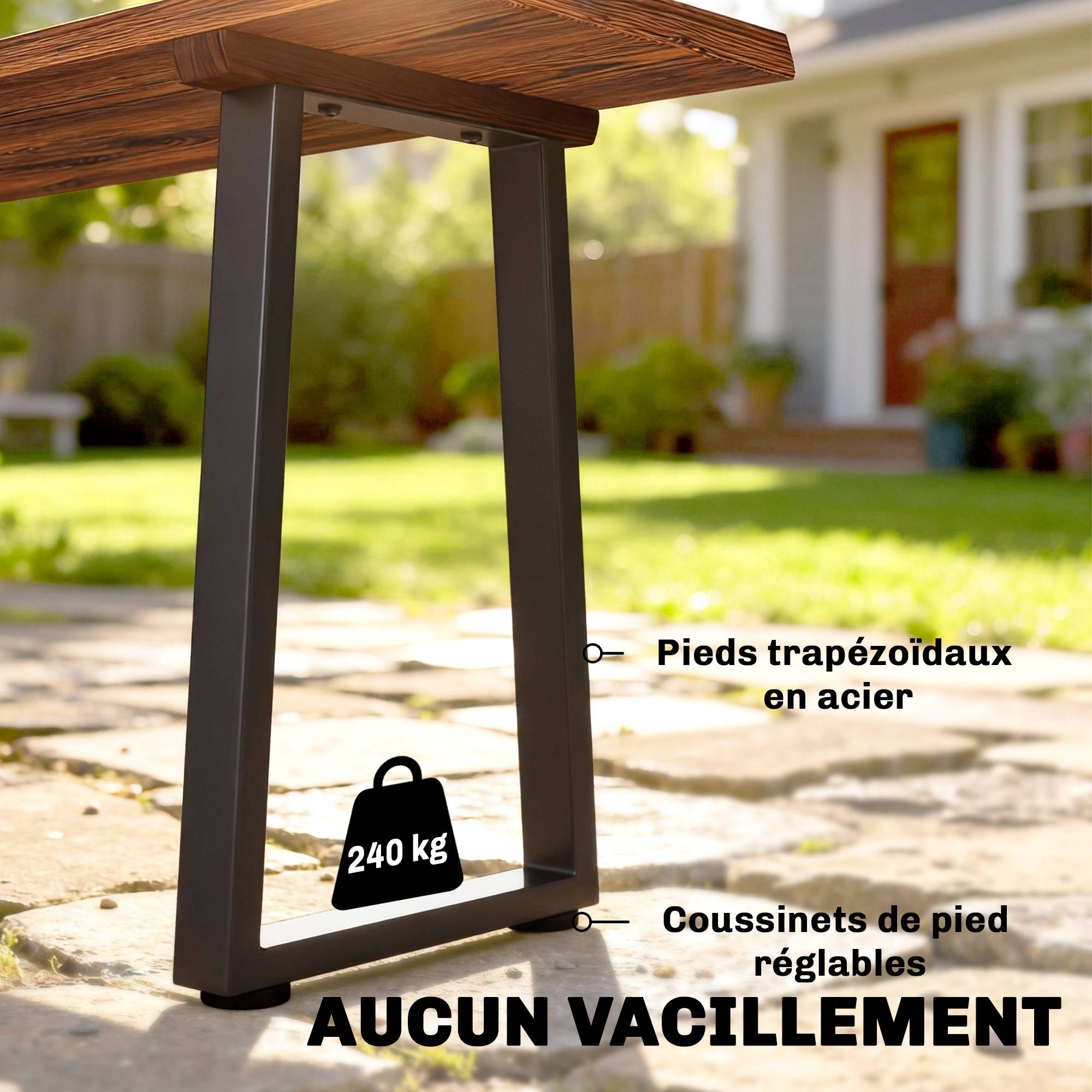 Banc de Jardin en Bois Sans Dossier en Bois, Pieds trapézoïdaux en acier, 2 Places à Effet Bois, 150x28x48cm, Carbonisé - Image 8