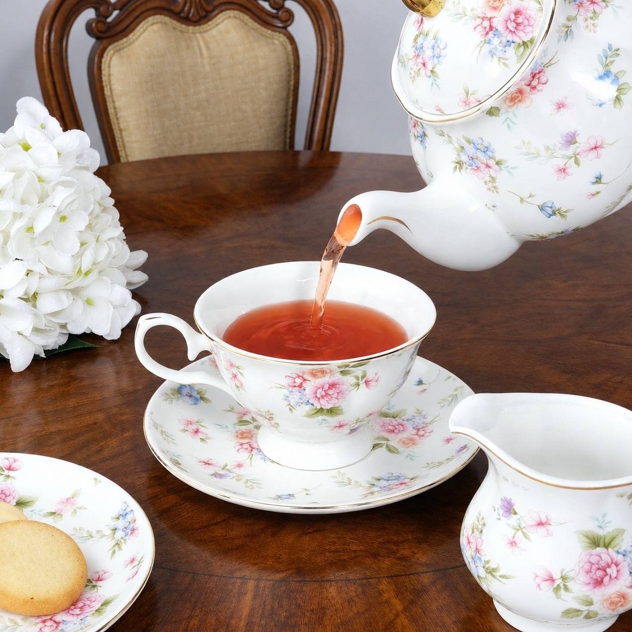 Service à Thé en Porcelaine Pastel avec Relief, 6 Tasses et Soucoupes - Image 4