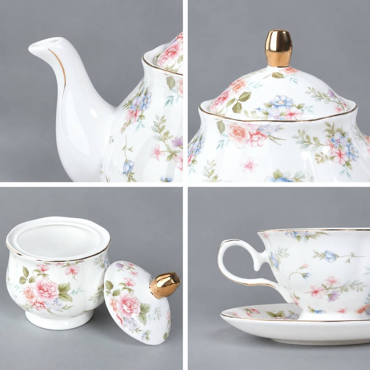 Service à Thé en Porcelaine Pastel avec Relief, 6 Tasses et Soucoupes - Image 2