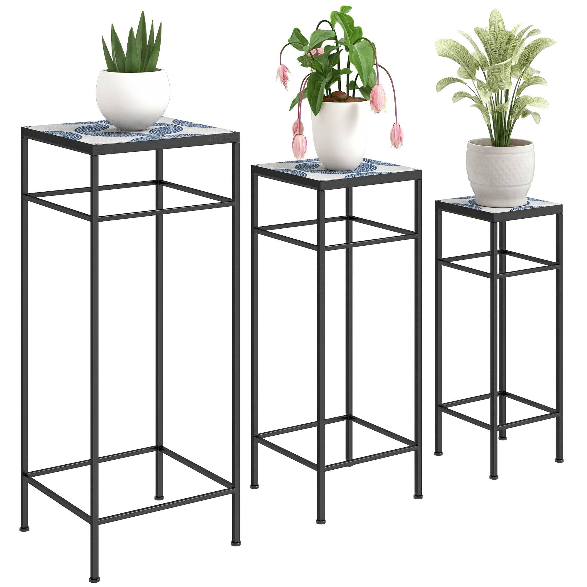 Sans Marque - Ensemble 3 supports plantes 3 tailles fleurs objets bleu/blanc - Image 1