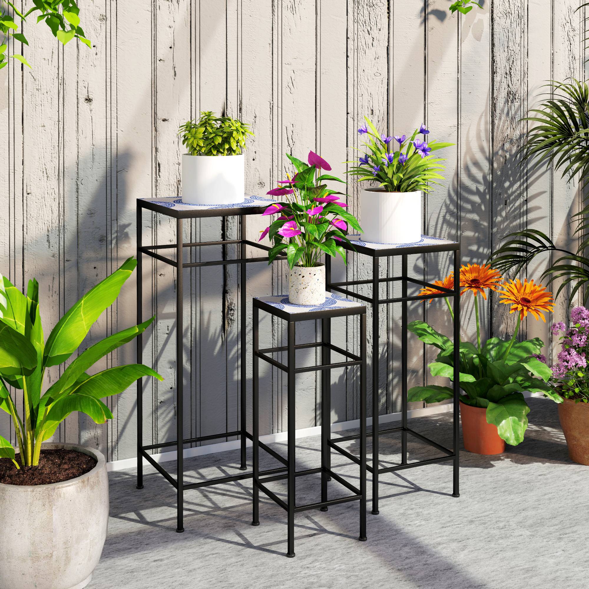 Sans Marque - Ensemble 3 supports plantes 3 tailles fleurs objets bleu/blanc - Image 4