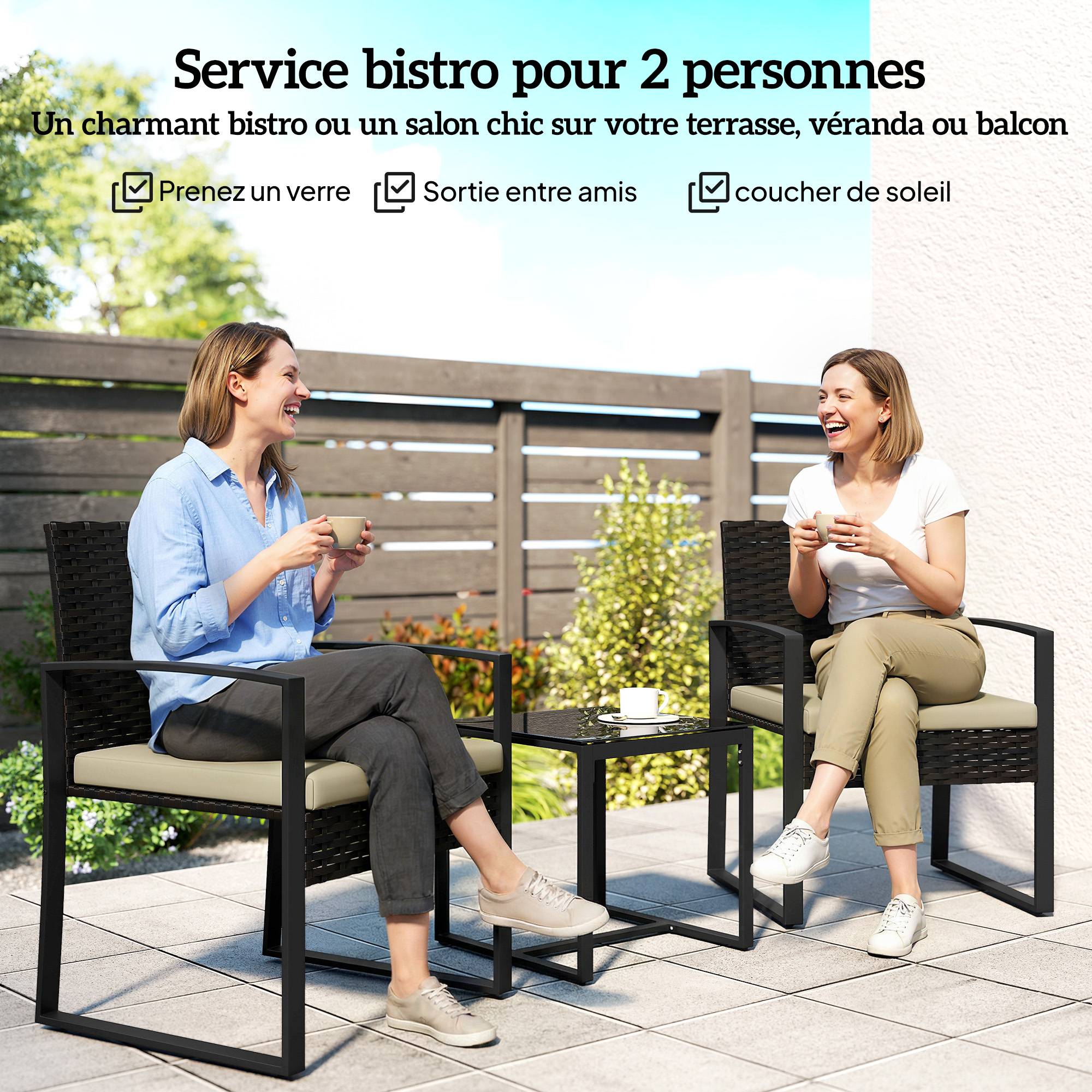 Maison Chic - Salon de jardin extérieur en résine tressée 2 personnes, table de jardin avec 2 chaises, plateau en verre trempé, marron - Image 6