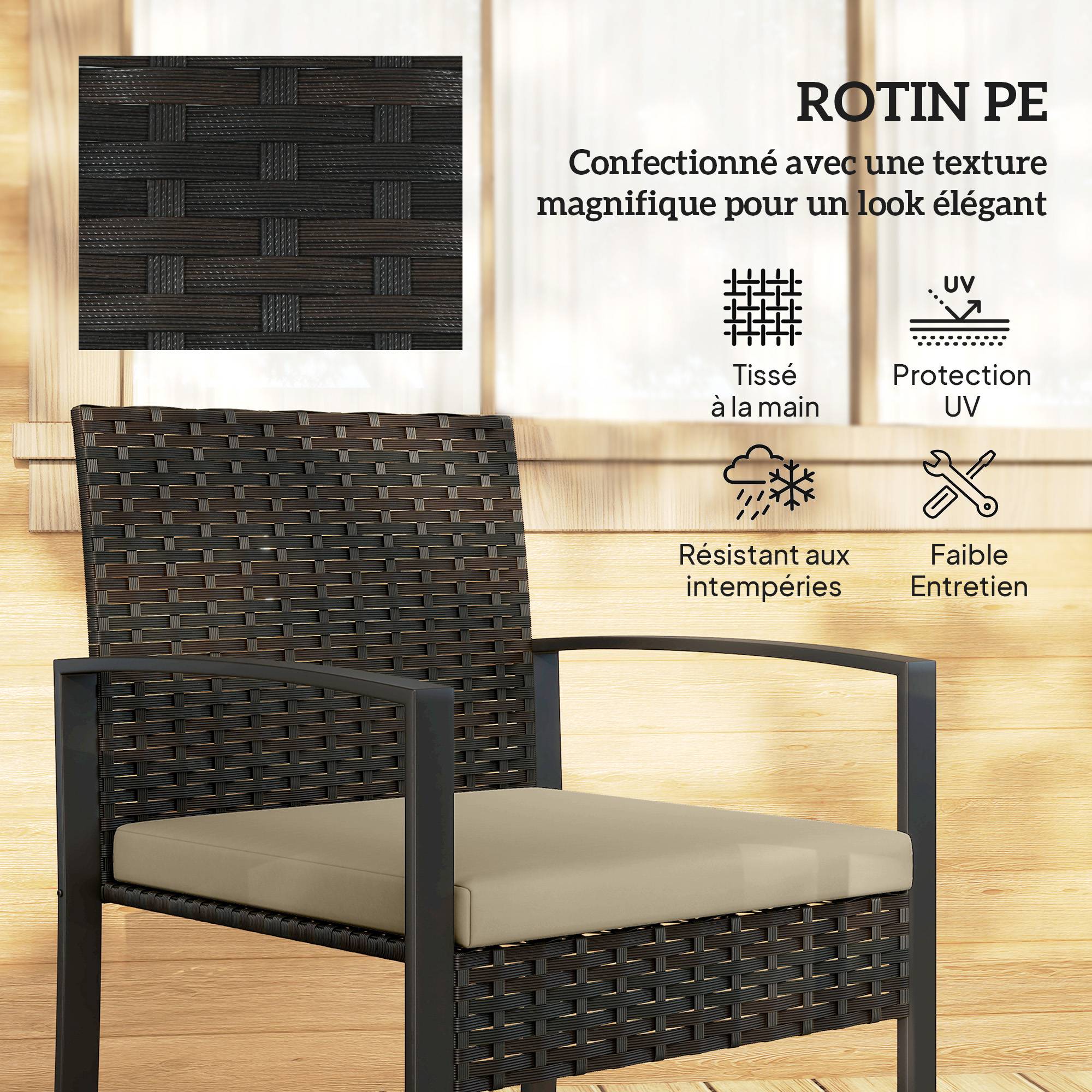 Maison Chic - Salon de jardin extérieur en résine tressée 2 personnes, table de jardin avec 2 chaises, plateau en verre trempé, marron - Image 7