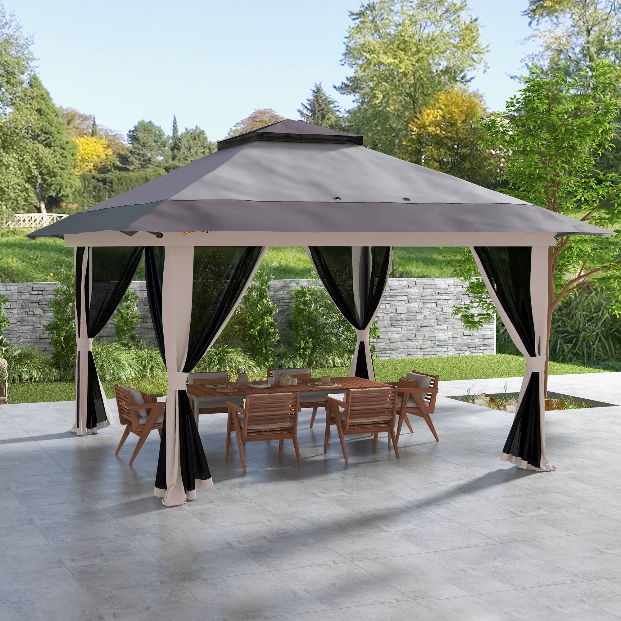 ComfortXL - Tonnelle pliante métal polyester pour jardin double toit moustiquaires 392 cm gris - ComfortXL Outdoor Living - Image 3