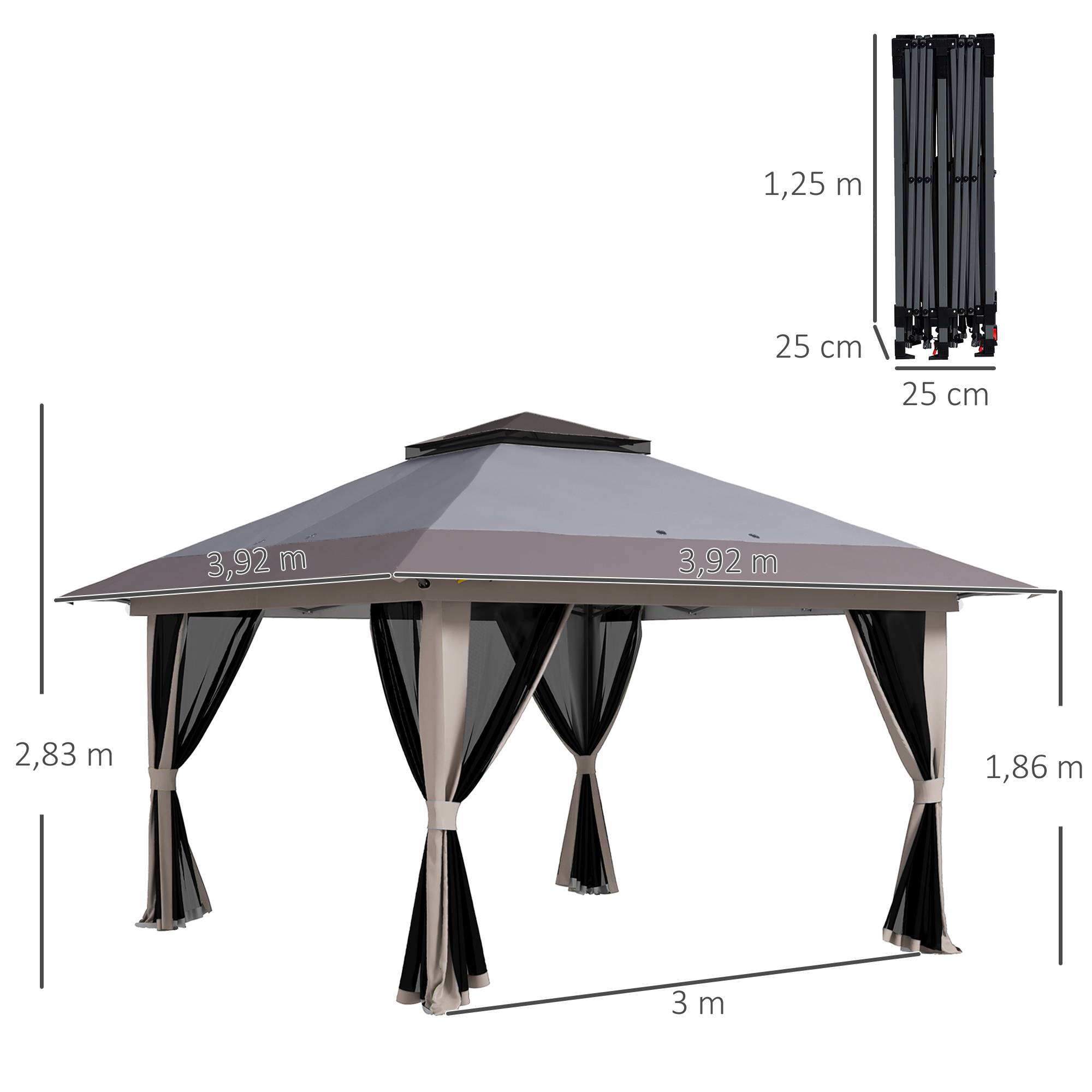 ComfortXL - Tonnelle pliante métal polyester pour jardin double toit moustiquaires 392 cm gris - ComfortXL Outdoor Living - Image 5