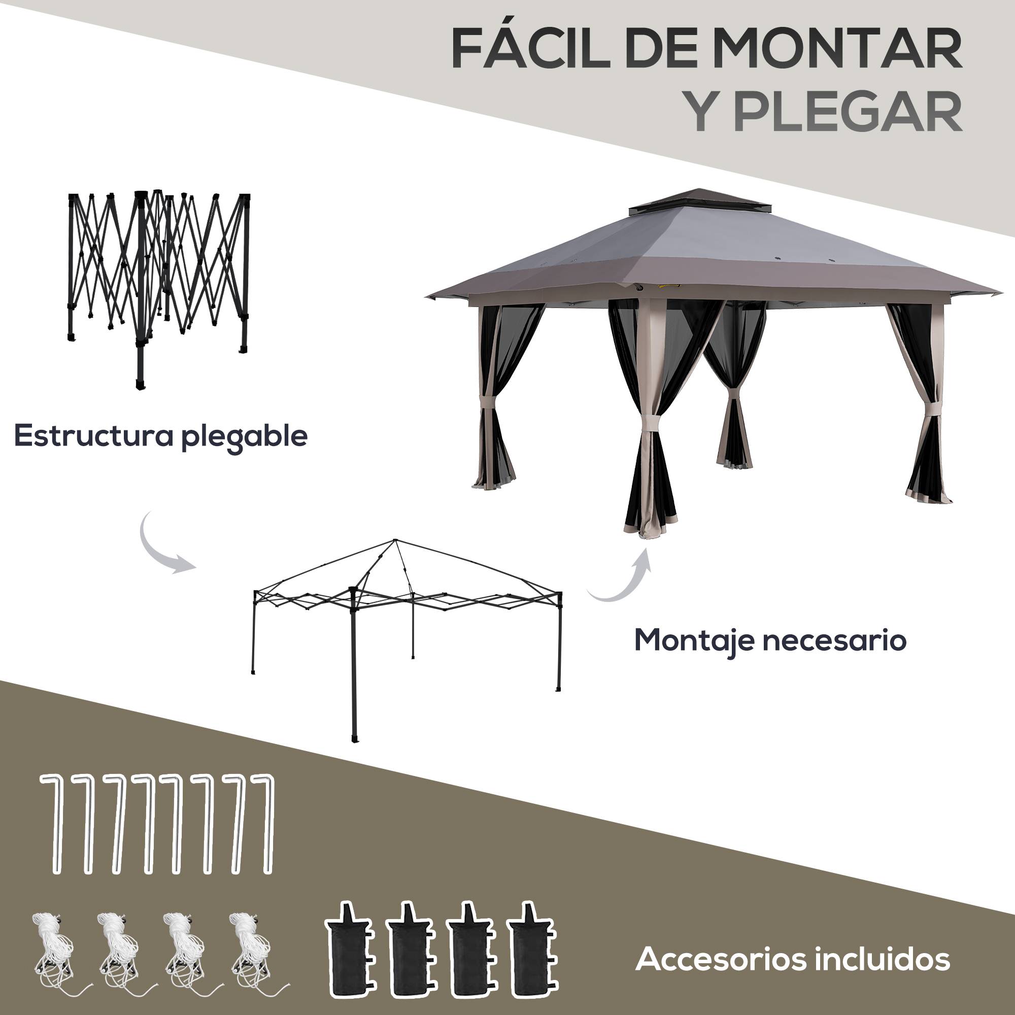 ComfortXL - Tonnelle pliante métal polyester pour jardin double toit moustiquaires 392 cm gris - ComfortXL Outdoor Living - Image 7
