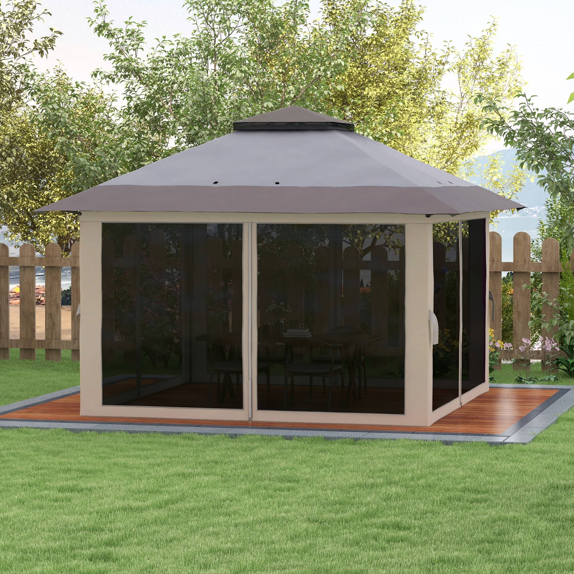 ComfortXL - Tonnelle pliante métal polyester pour jardin double toit moustiquaires 392 cm gris - ComfortXL Outdoor Living - Image 4