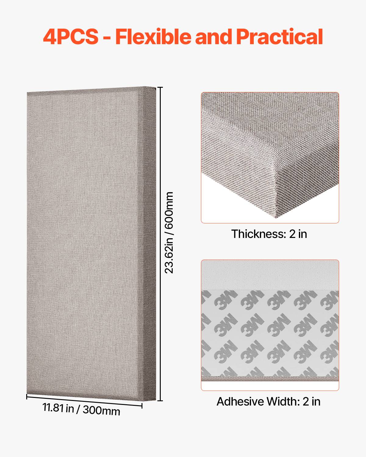 Vevor - VEVOR Panneaux acoustiques autocollants, lot de 4, fibre de verre 60x30x5 cm, NRC 0,95, adhésif 3M, couleur camel. - Image 5