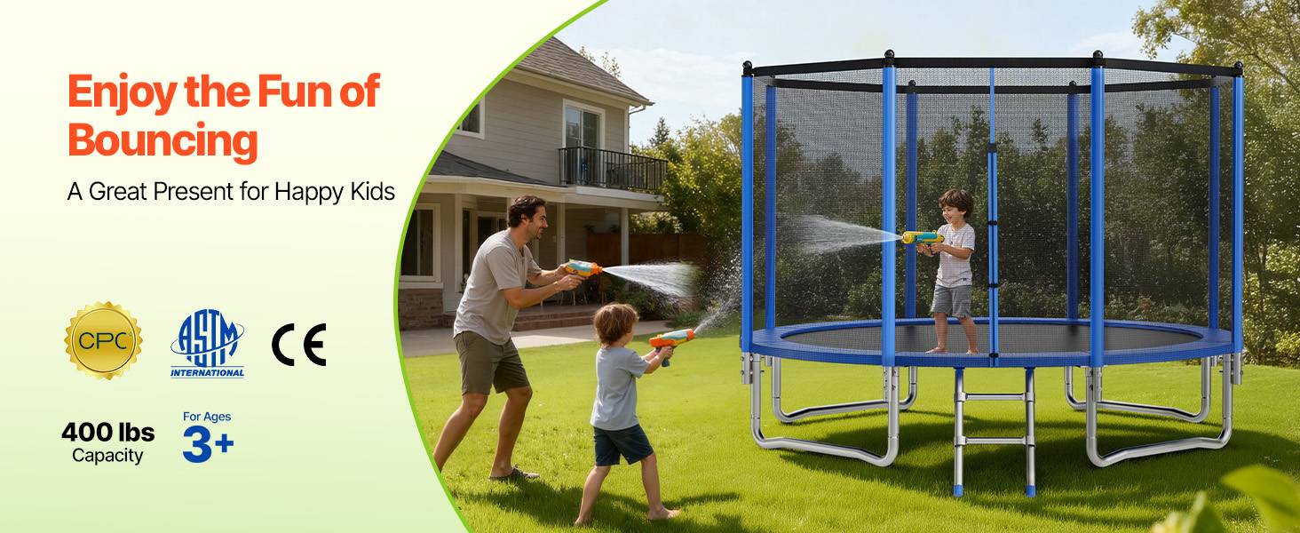 Vevor - VEVOR Trampoline extérieur 366 x 366 cm, cadre acier antirouille, filet de sécurité 360°, 64 ressorts, capacité 181 kg, certifié ASTM. - Image 9