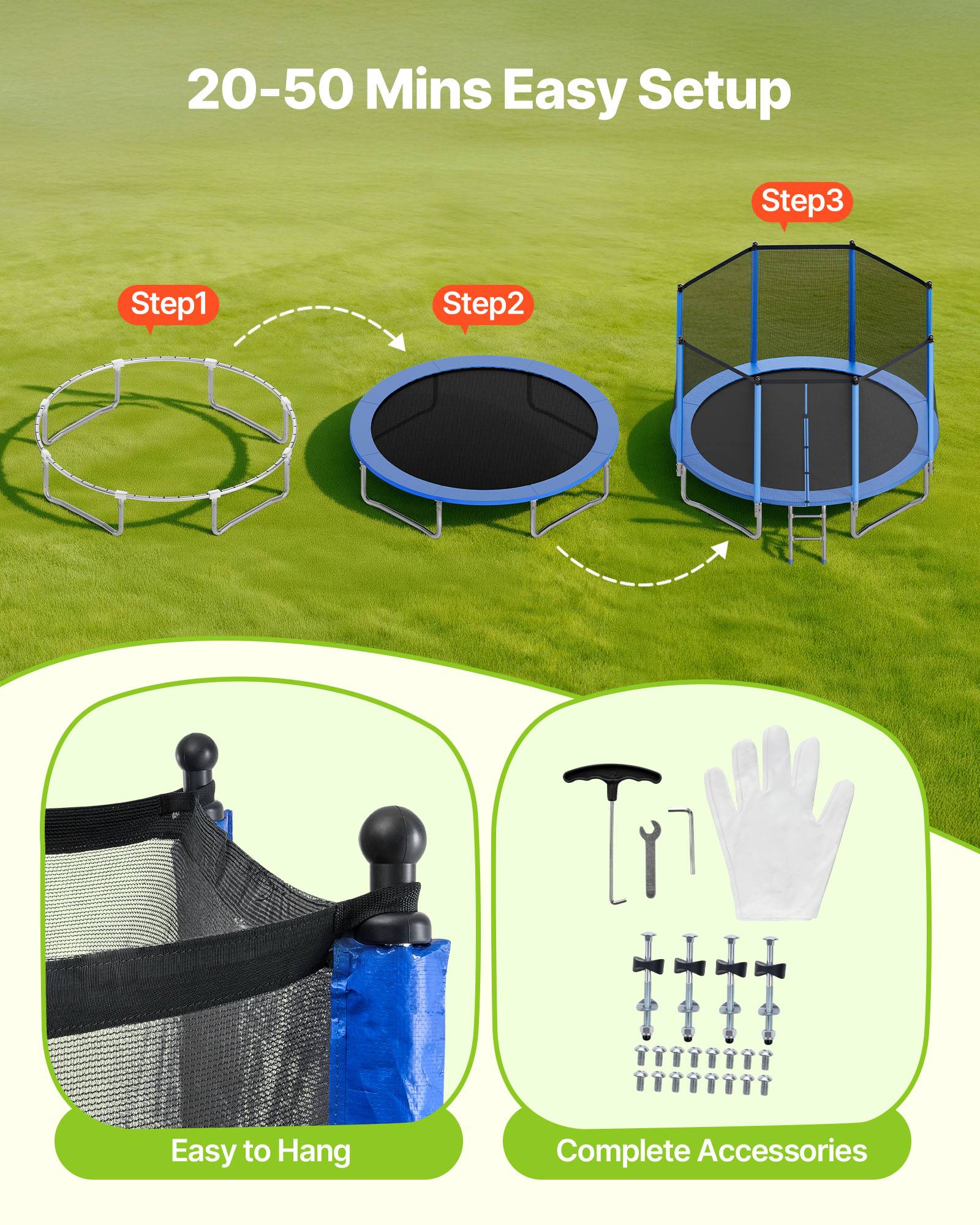Vevor - VEVOR Trampoline extérieur 366 x 366 cm, cadre acier antirouille, filet de sécurité 360°, 64 ressorts, capacité 181 kg, certifié ASTM. - Image 5