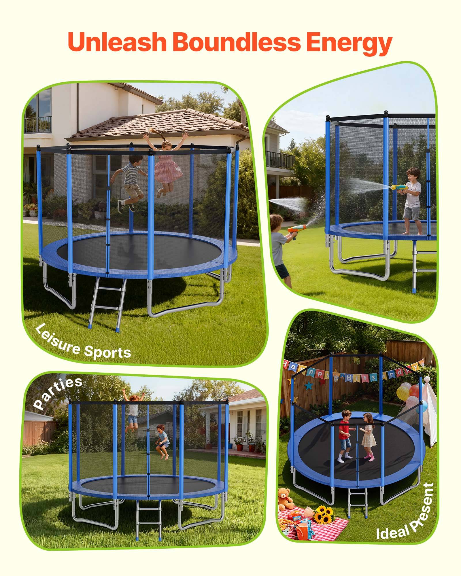 Vevor - VEVOR Trampoline extérieur 366 x 366 cm, cadre acier antirouille, filet de sécurité 360°, 64 ressorts, capacité 181 kg, certifié ASTM. - Image 6