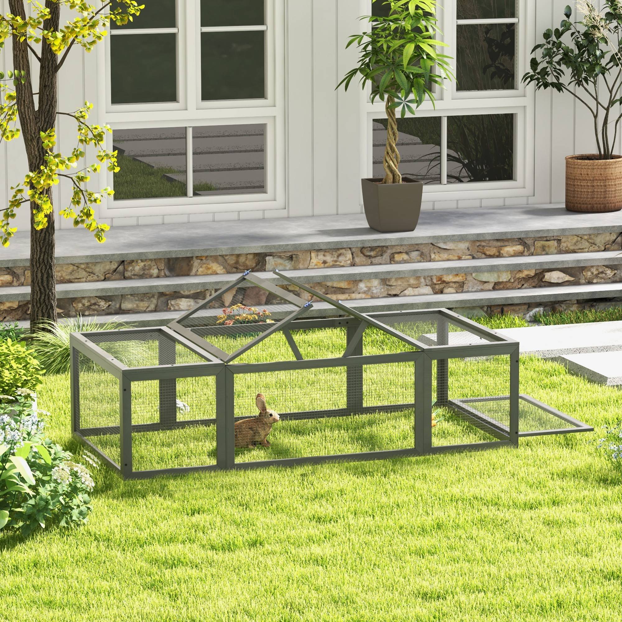 Enclos Lapin Extérieur Bois Sapin Toit Ouvrant Sécurisé 180x90cm Gris - ComfortXL Pet Living - Image 7
