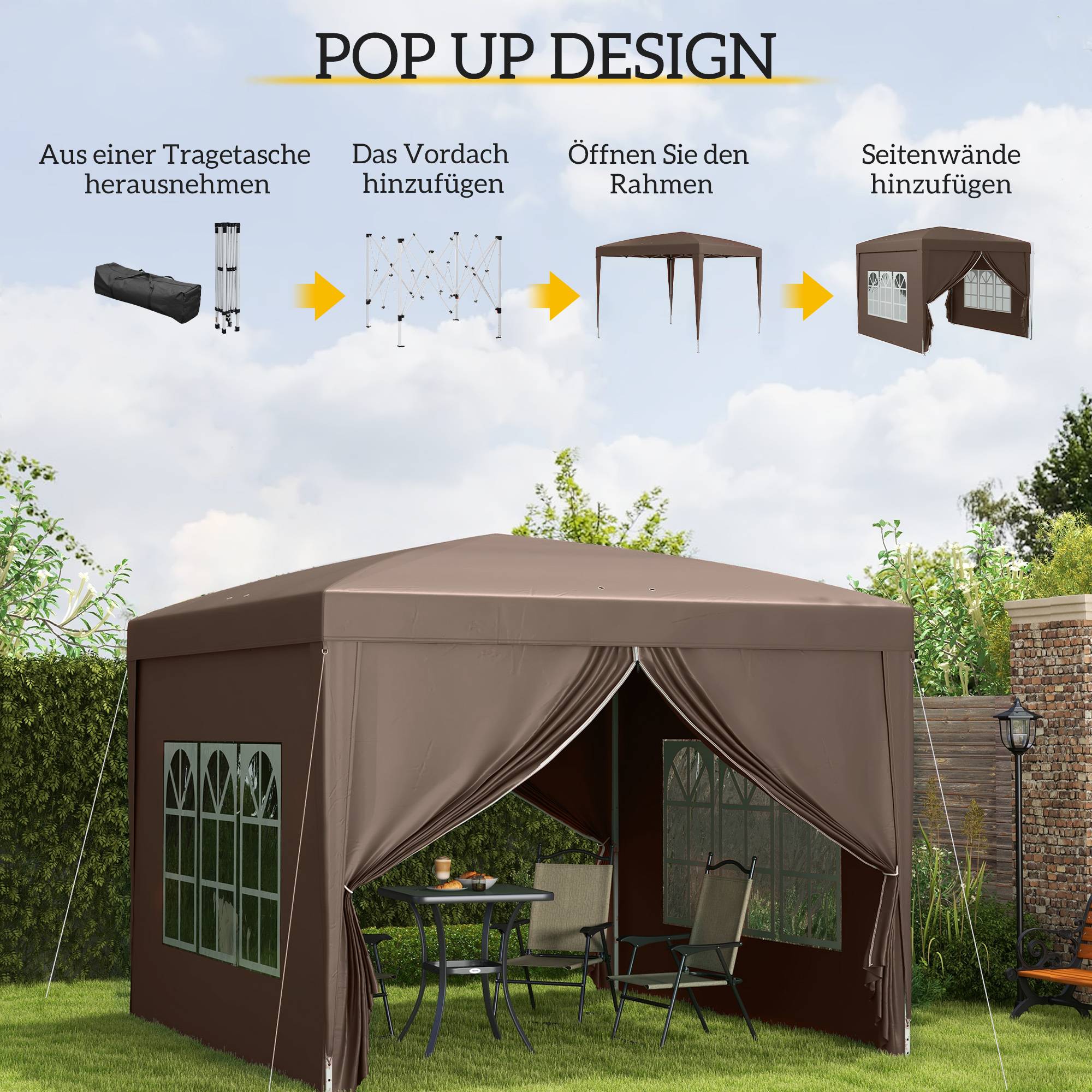 Tonnelle Pliante 3x3m Toile Polyester Jardin Camping 4 Parois Amovibles Café - ComfortXL Outdoor Living - Image 4