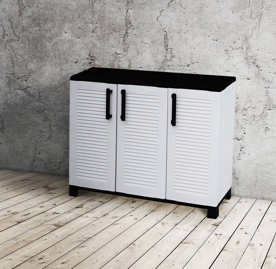 Dmora - Armoire d'extérieur Pelt, Armoire de balcon polyvalente, Armoire d'extérieur 3 portes, 102x37h90 cm, Gris clair et noir, Finition rayée - Dmora - Image 5