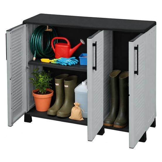 Dmora - Armoire d'extérieur Pelt, Armoire de balcon polyvalente, Armoire d'extérieur 3 portes, 102x37h90 cm, Gris clair et noir, Finition rayée - Dmora - Image 1