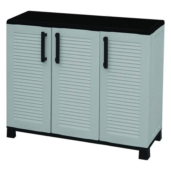 Dmora - Armoire d'extérieur Pelt, Armoire de balcon polyvalente, Armoire d'extérieur 3 portes, 102x37h90 cm, Gris clair et noir, Finition rayée - Dmora - Image 4