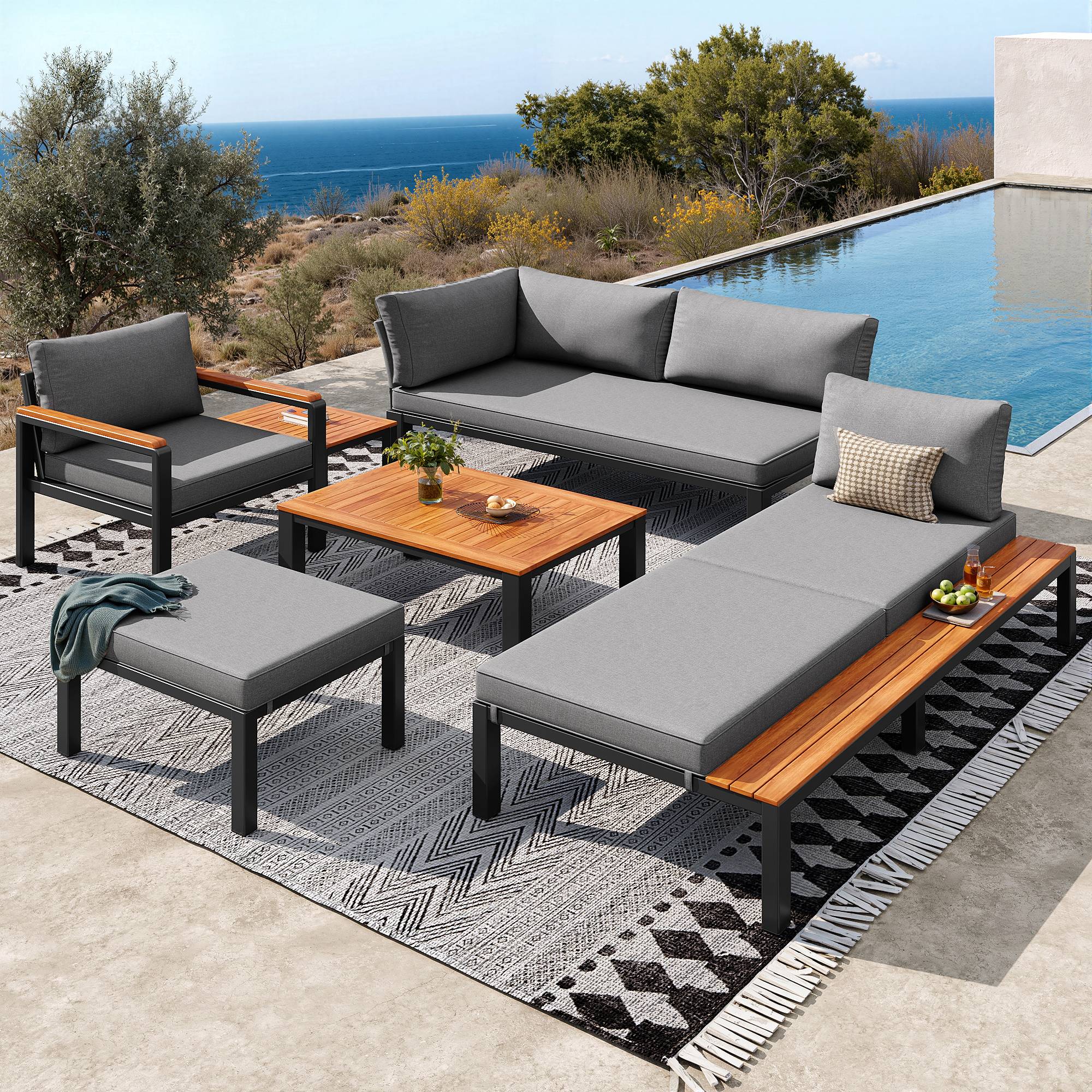 Salon de jardin modulable métal et bois pour terrasse balcon assises combinables gris - ComfortXL Outdoor Living - Image 1