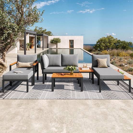Salon de jardin modulable métal et bois pour terrasse balcon assises combinables gris - ComfortXL Outdoor Living - Image 9