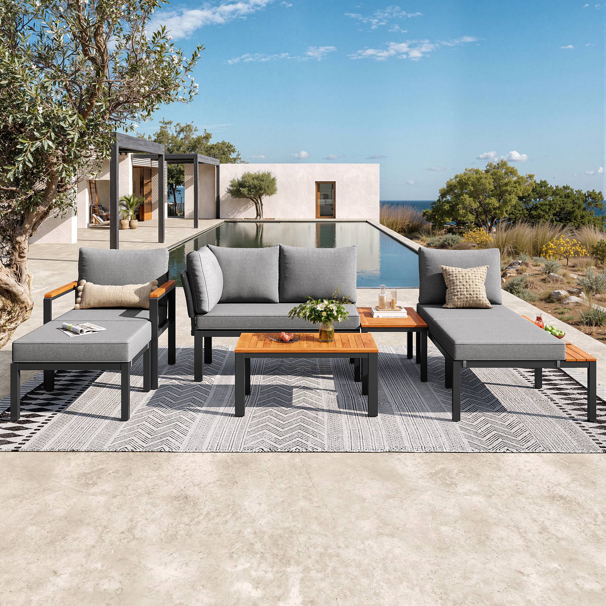 Salon de jardin modulable métal et bois pour terrasse balcon assises combinables gris - ComfortXL Outdoor Living - Image 9