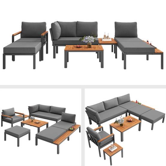 Salon de jardin modulable métal et bois pour terrasse balcon assises combinables gris - ComfortXL Outdoor Living - Image 4
