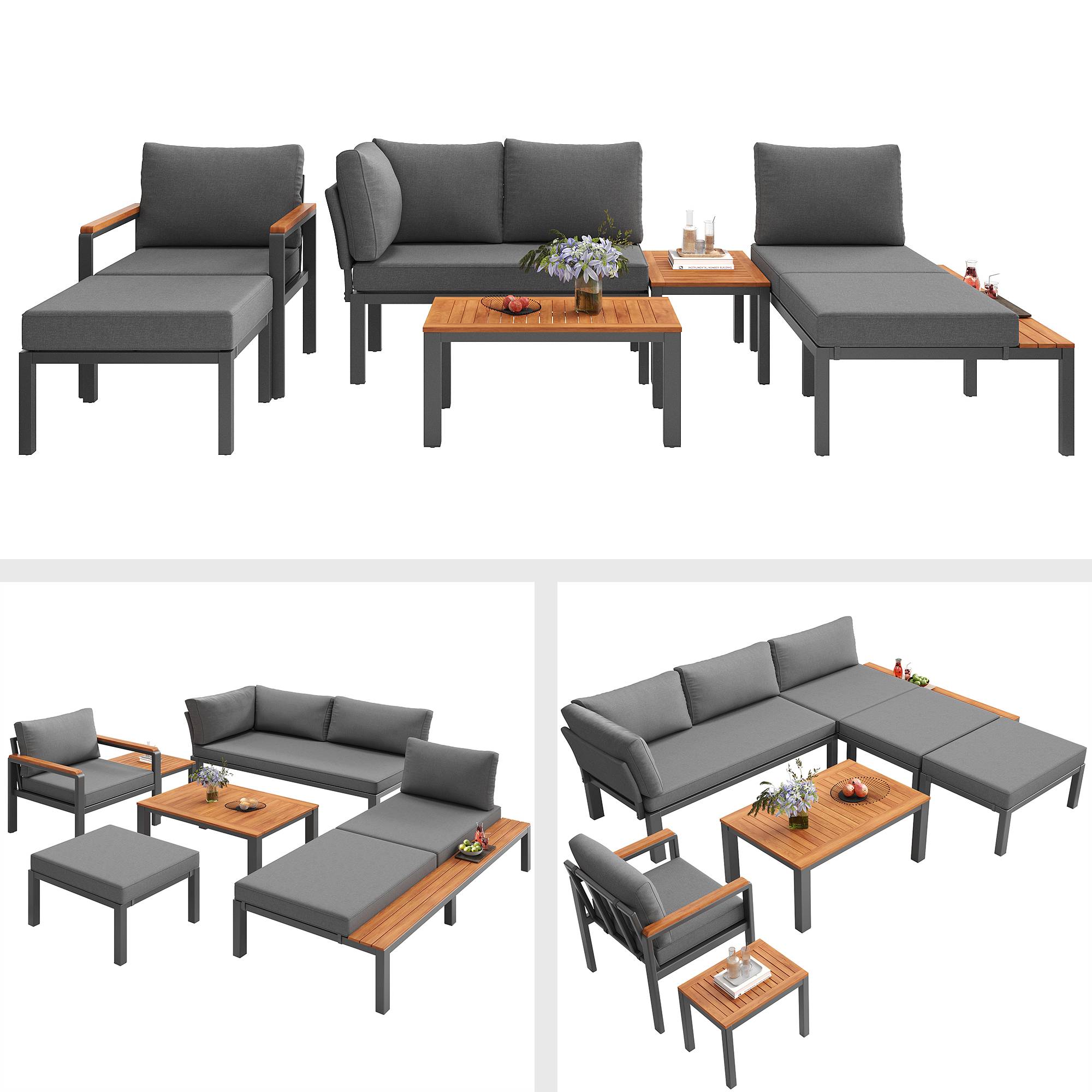 Salon de jardin modulable métal et bois pour terrasse balcon assises combinables gris - ComfortXL Outdoor Living - Image 4