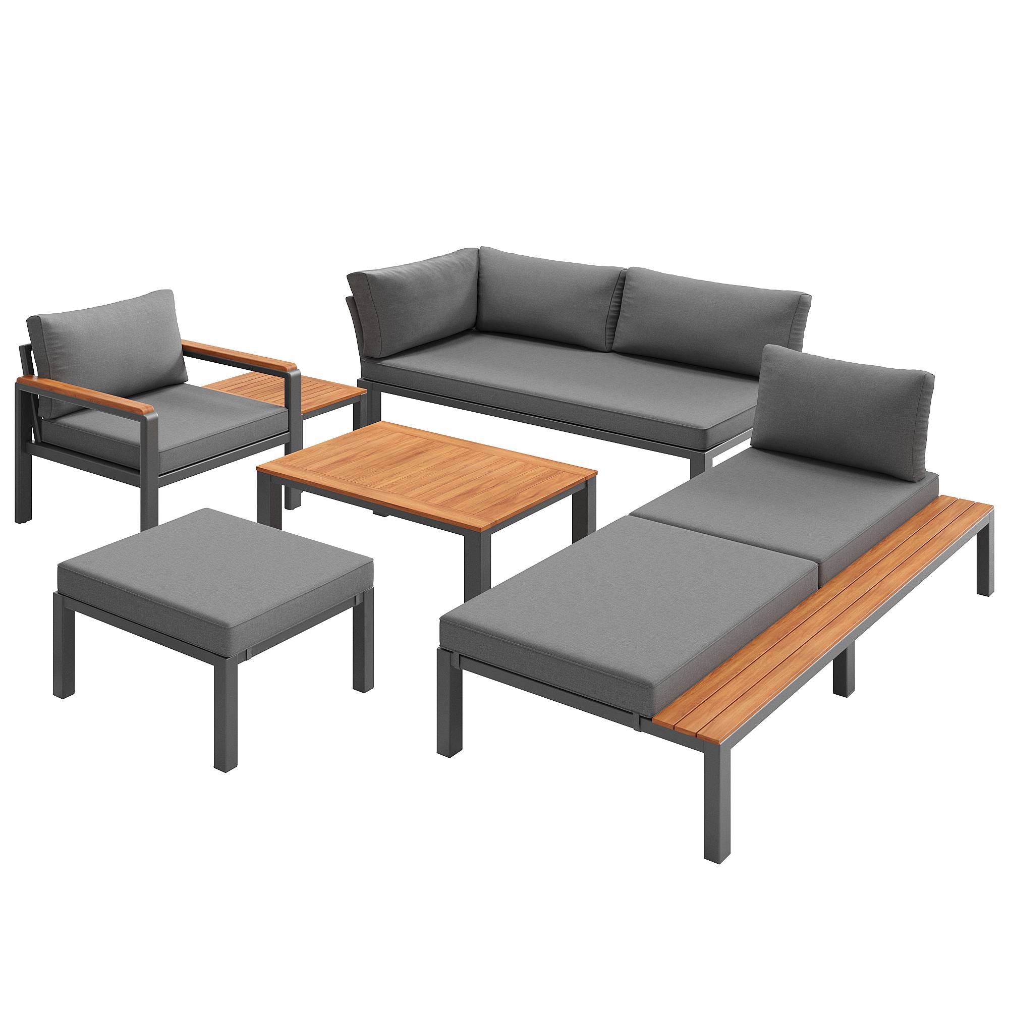 Salon de jardin modulable métal et bois pour terrasse balcon assises combinables gris - ComfortXL Outdoor Living - Image 2