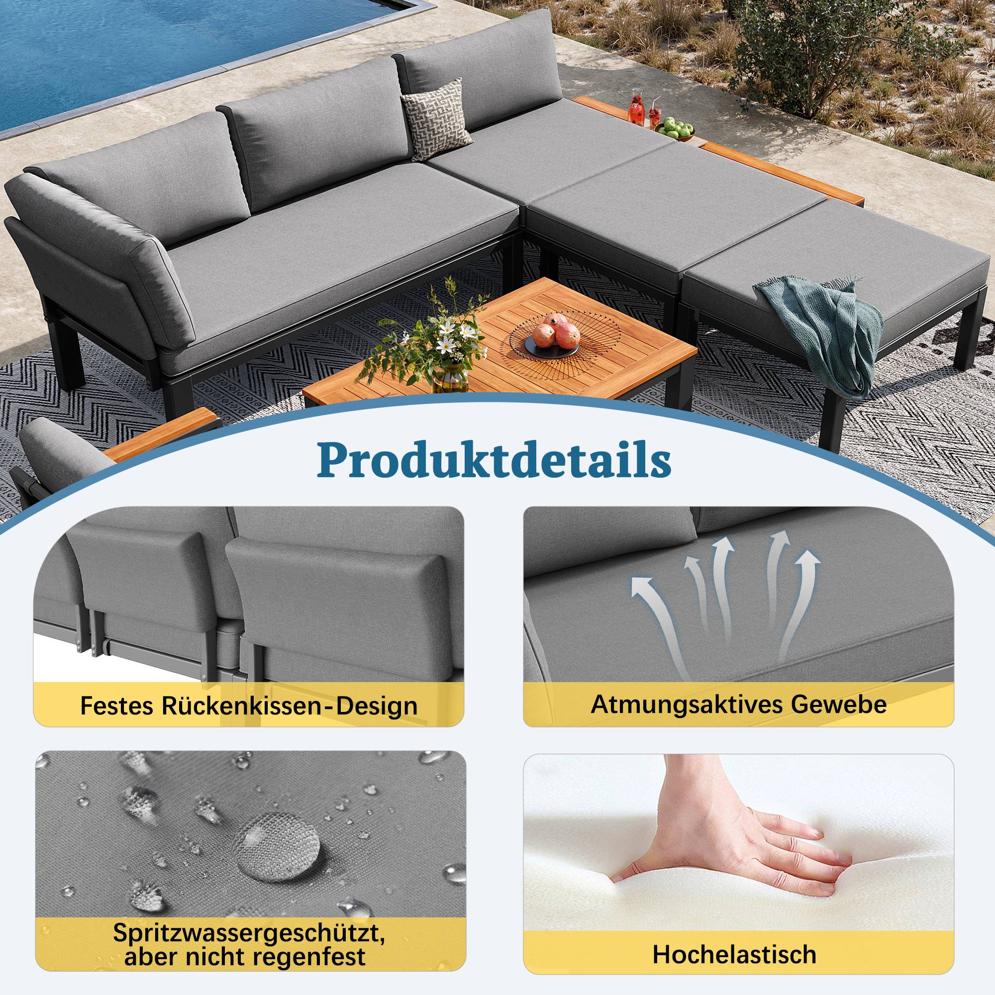 Salon de jardin modulable métal et bois pour terrasse balcon assises combinables gris - ComfortXL Outdoor Living - Image 5