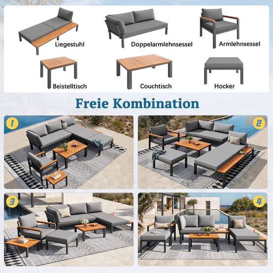 Salon de jardin modulable métal et bois pour terrasse balcon assises combinables gris - ComfortXL Outdoor Living - Image 6