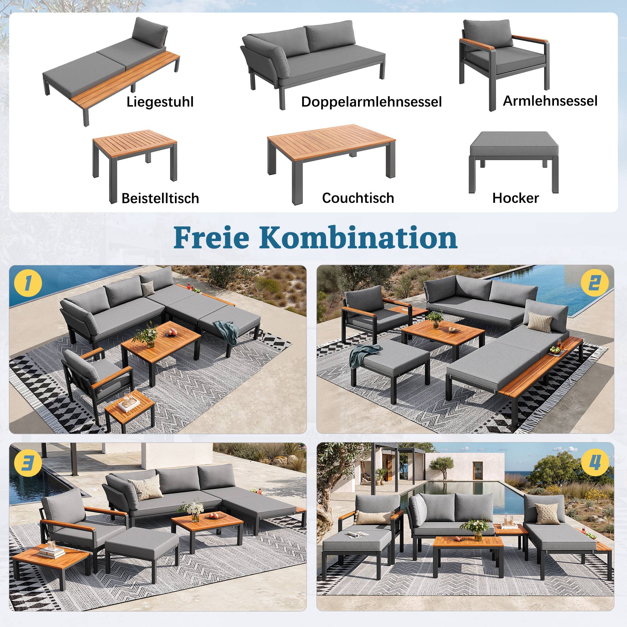 Salon de jardin modulable métal et bois pour terrasse balcon assises combinables gris - ComfortXL Outdoor Living - Image 6