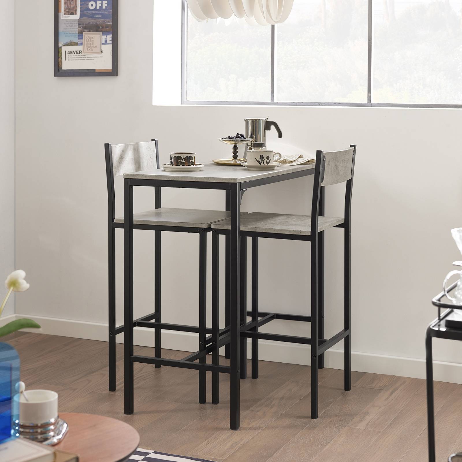 SoBuy Table de Bar Compacte avec 2 Tabourets Style Industriel en Bois et Métal pour Petit Espace - Image 9