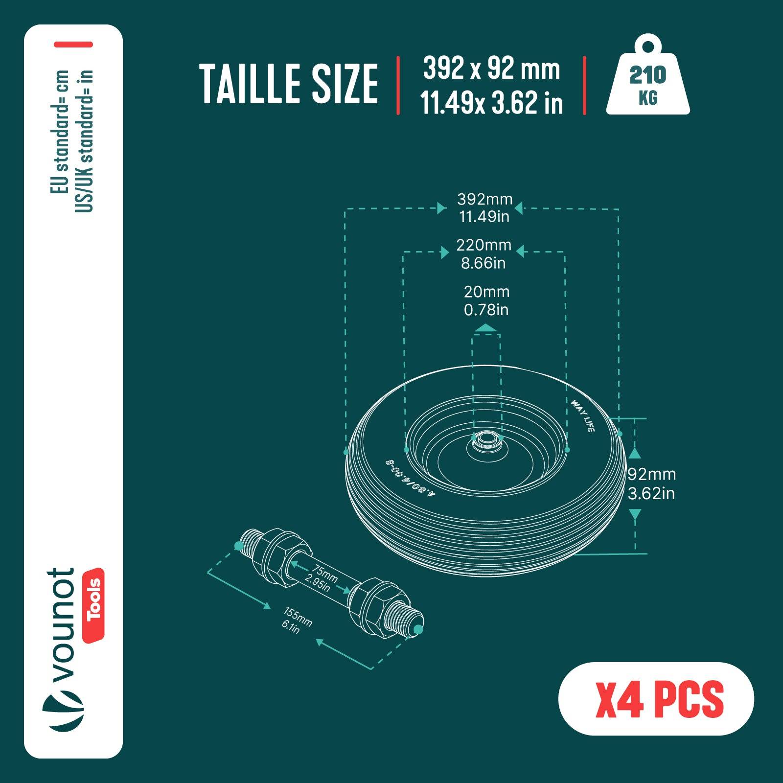 Vounot - Lot de 4 Roue increvable 4.80/4.00-8 en PU pour brouette diable alesage 20mm 392x92 mm Jaune - Image 3