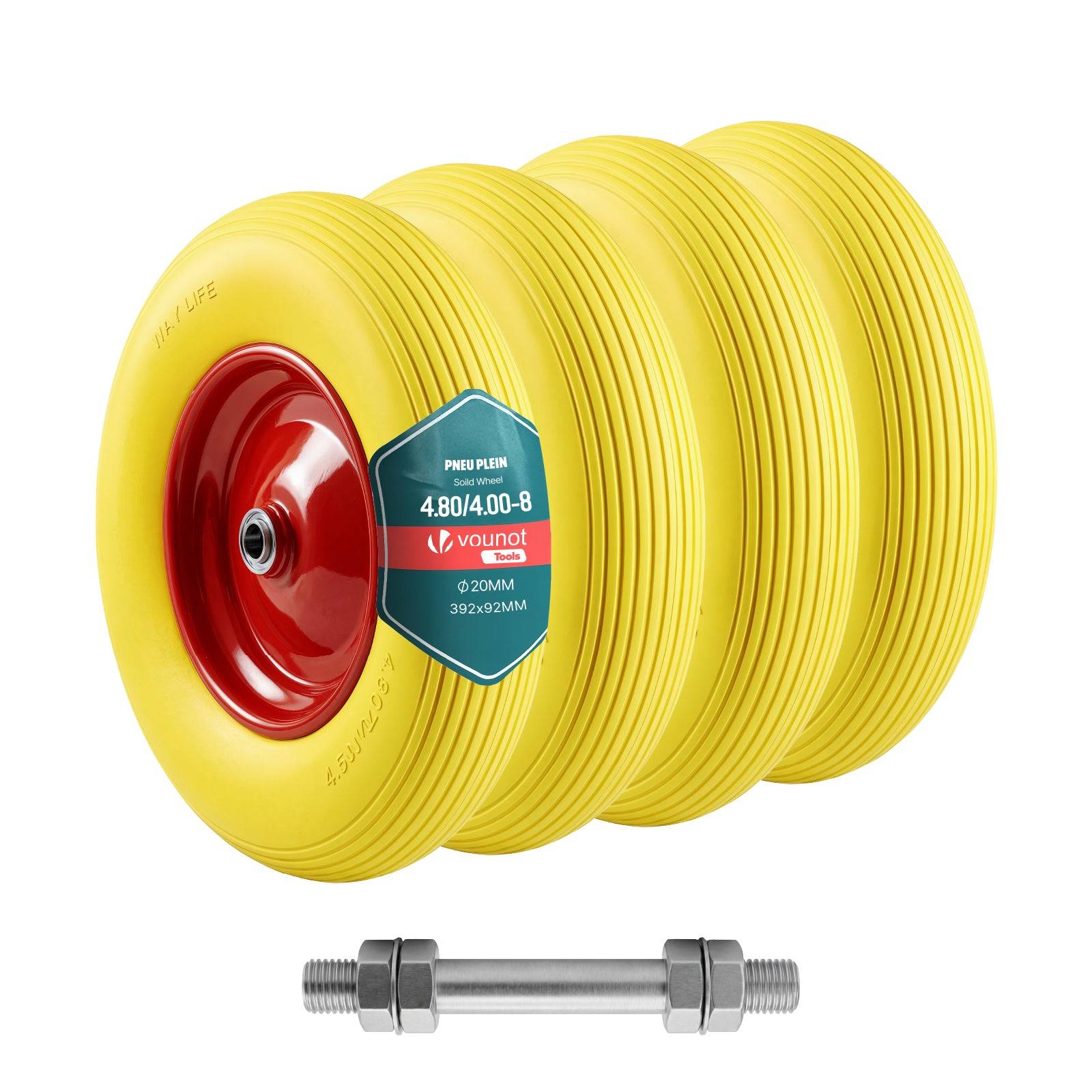 Vounot - Lot de 4 Roue increvable 4.80/4.00-8 en PU pour brouette diable alesage 20mm 392x92 mm Jaune - Image 1