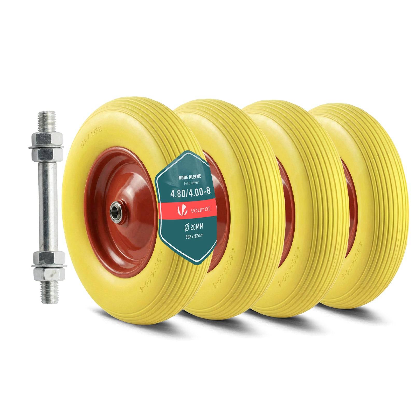 Vounot - Lot de 4 Roue increvable 4.80/4.00-8 en PU pour brouette diable alesage 20mm 392x92 mm Jaune - Image 1