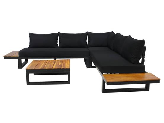 Salome - salon bas de jardin 5 places + table - modulable - bois, métal et coussins noirs - Best Mobilier - Image 1