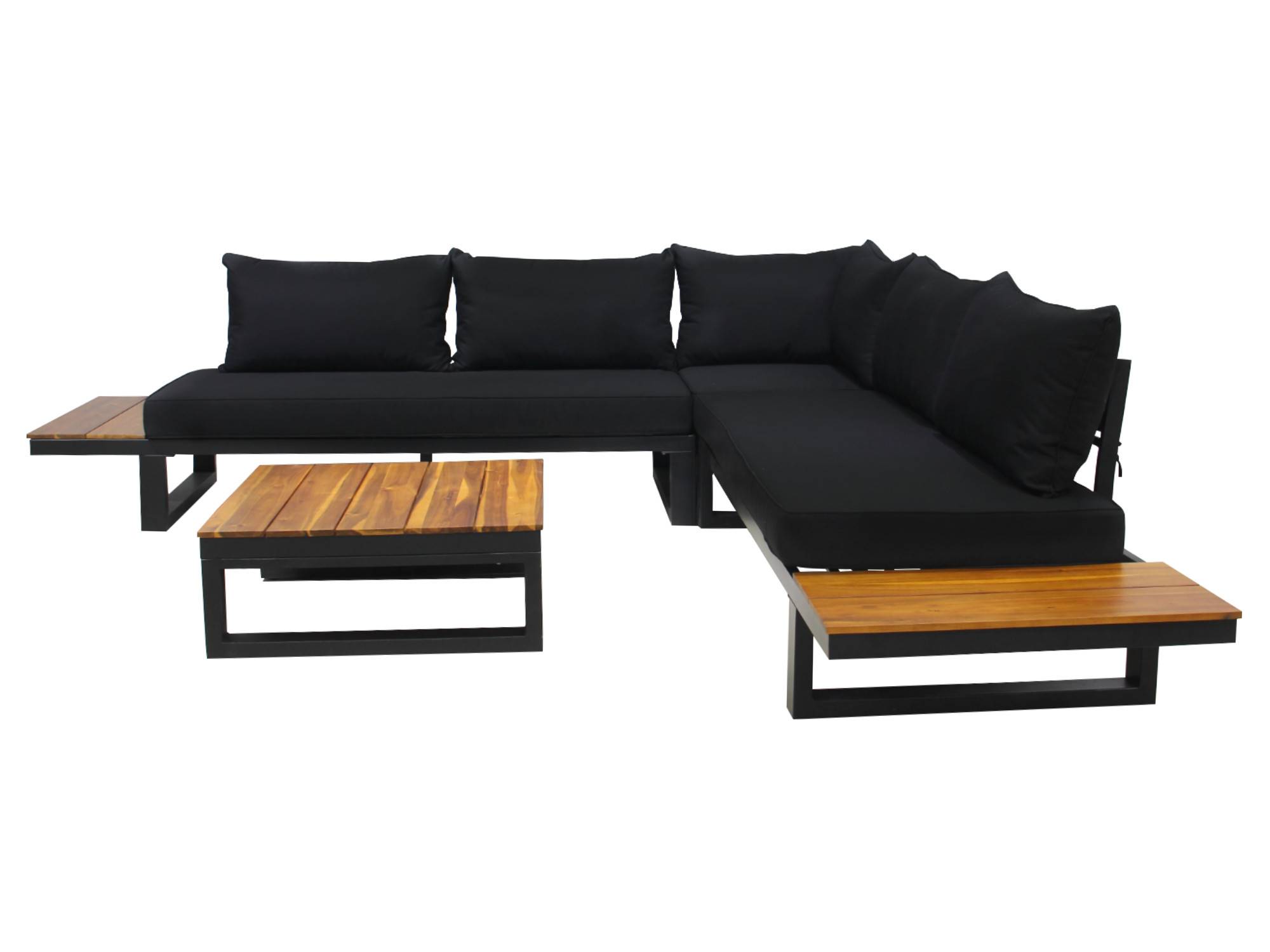 Salome - salon bas de jardin 5 places + table - modulable - bois, métal et coussins noirs - Best Mobilier - Image 1