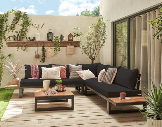 Salome - salon bas de jardin 5 places + table - modulable - bois, métal et coussins noirs - Best Mobilier - Image 2
