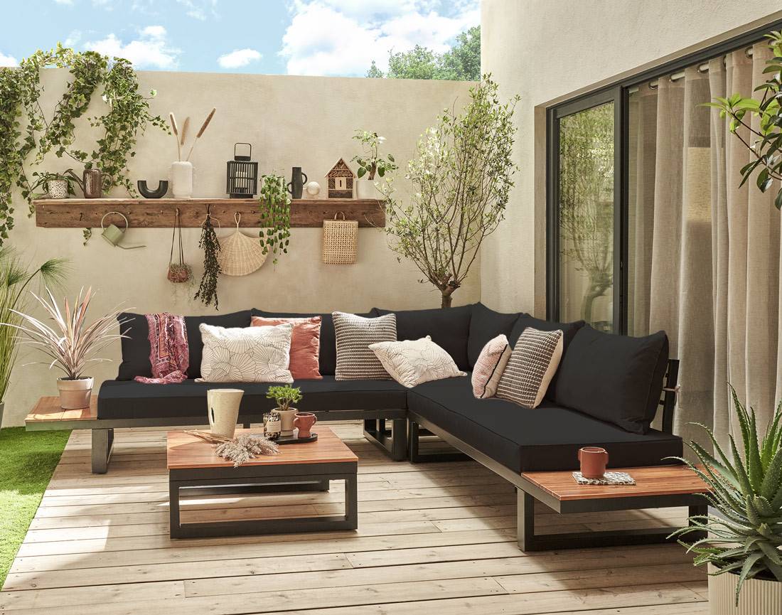 Salome - salon bas de jardin 5 places + table - modulable - bois, métal et coussins noirs - Best Mobilier - Image 2