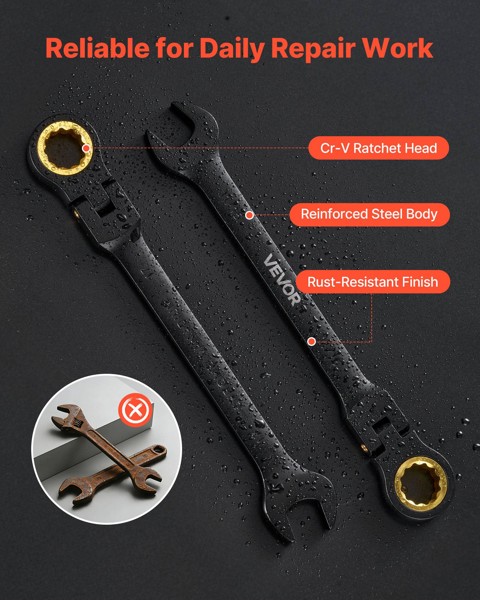 Vevor - VEVOR Jeu de clés mixtes 24 pcs, cliquet tête flexible 180°, 72 dents, SAE et métrique, acier Cr-V, coffret de rangement. - Image 7
