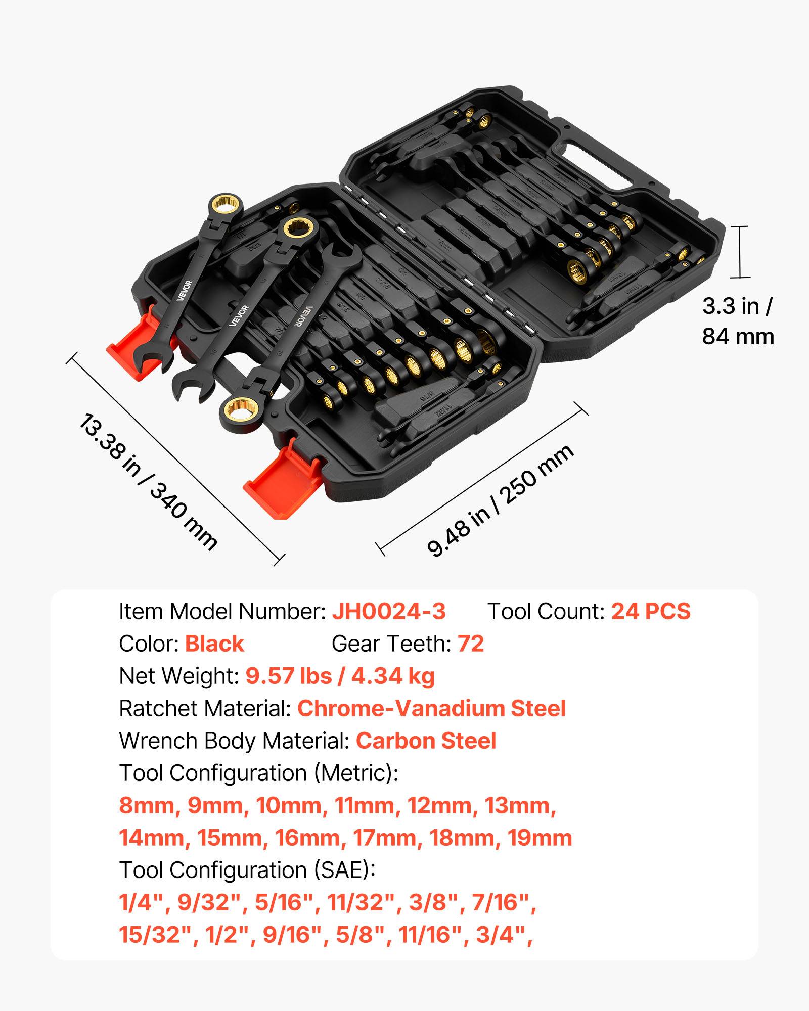 Vevor - VEVOR Jeu de clés mixtes 24 pcs, cliquet tête flexible 180°, 72 dents, SAE et métrique, acier Cr-V, coffret de rangement. - Image 6
