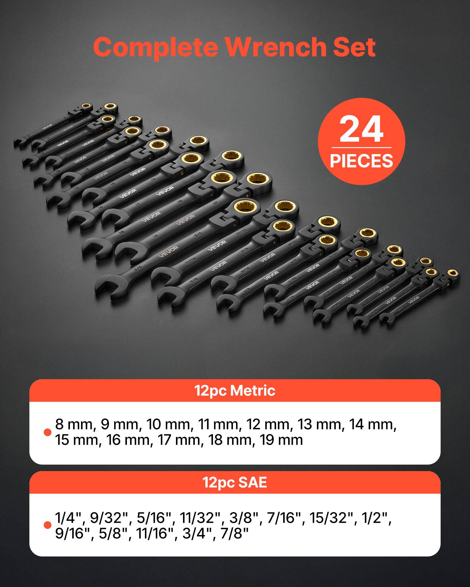 Vevor - VEVOR Jeu de clés mixtes 24 pcs, cliquet tête flexible 180°, 72 dents, SAE et métrique, acier Cr-V, coffret de rangement. - Image 2