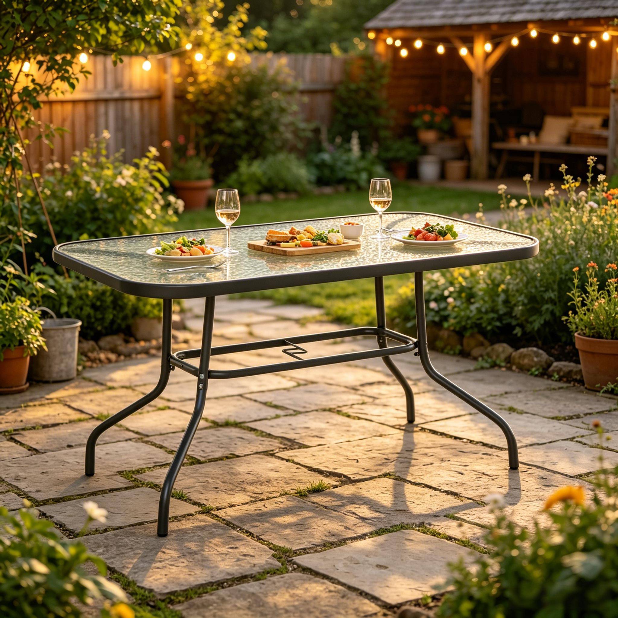 ComfortXL - Table de jardin métal et verre trempé repas 8 personnes avec trou parasol 120 x 80 cm gris - ComfortXL Outdoor Living - Image 1