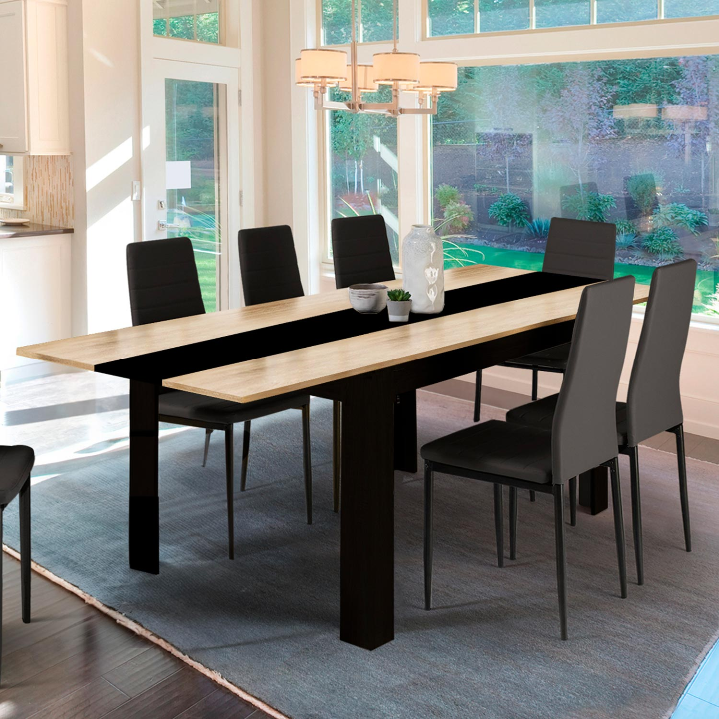 Table à manger rectangle georgia 6 personnes noire et imitation hêtre