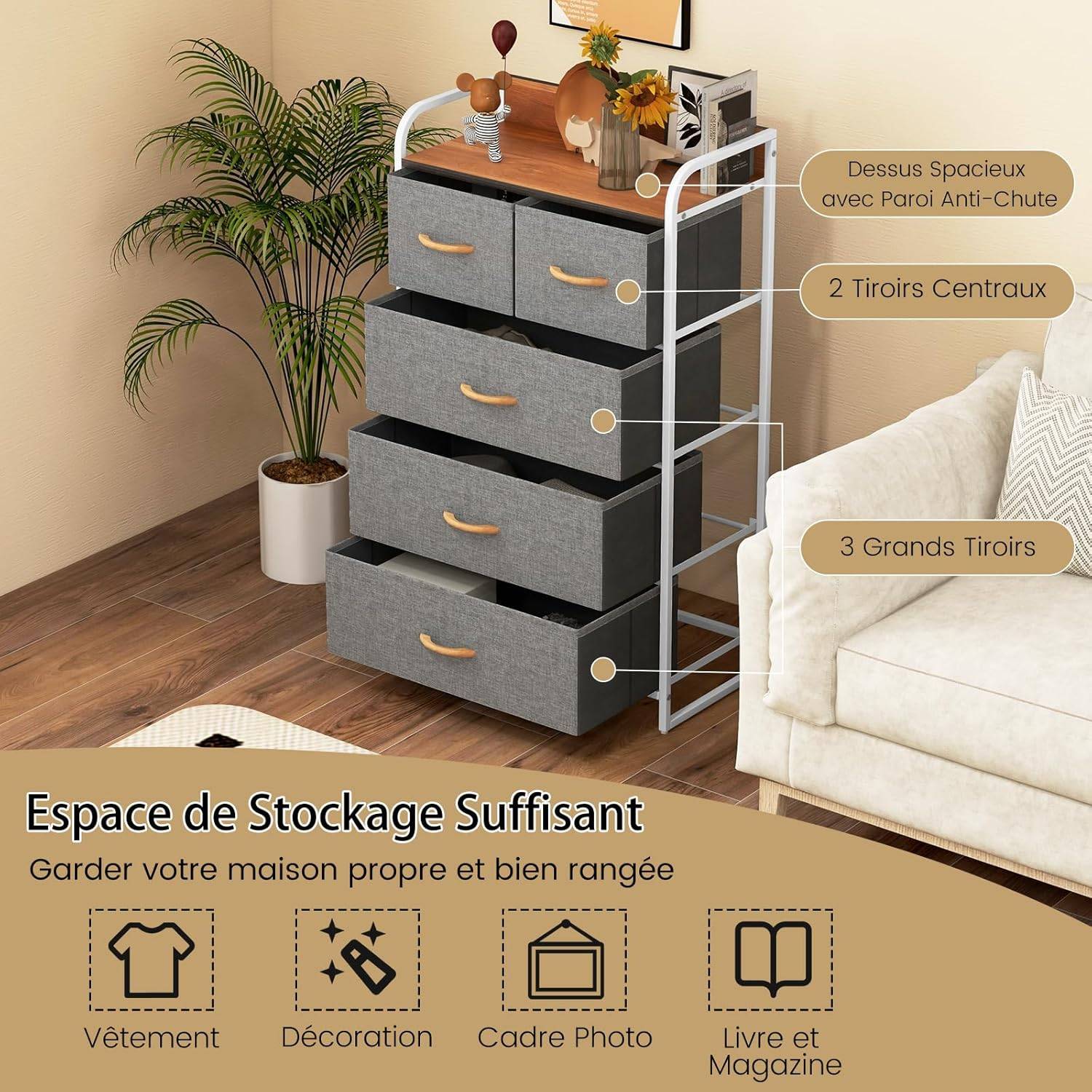 Commode 5 Tiroirs Tissu HOMCOM - Meuble Rangement Chambre Salon - Étagères Ouvertes - Effet Bois Gris Industriel