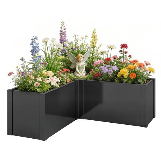 Carré potager en forme L acier galvanisé jardin grande capacité 562L drainage 150x150cm noir - ComfortXL Outdoor Living - Image 1