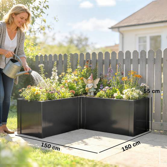 Carré potager en forme L acier galvanisé jardin grande capacité 562L drainage 150x150cm noir - ComfortXL Outdoor Living - Image 5