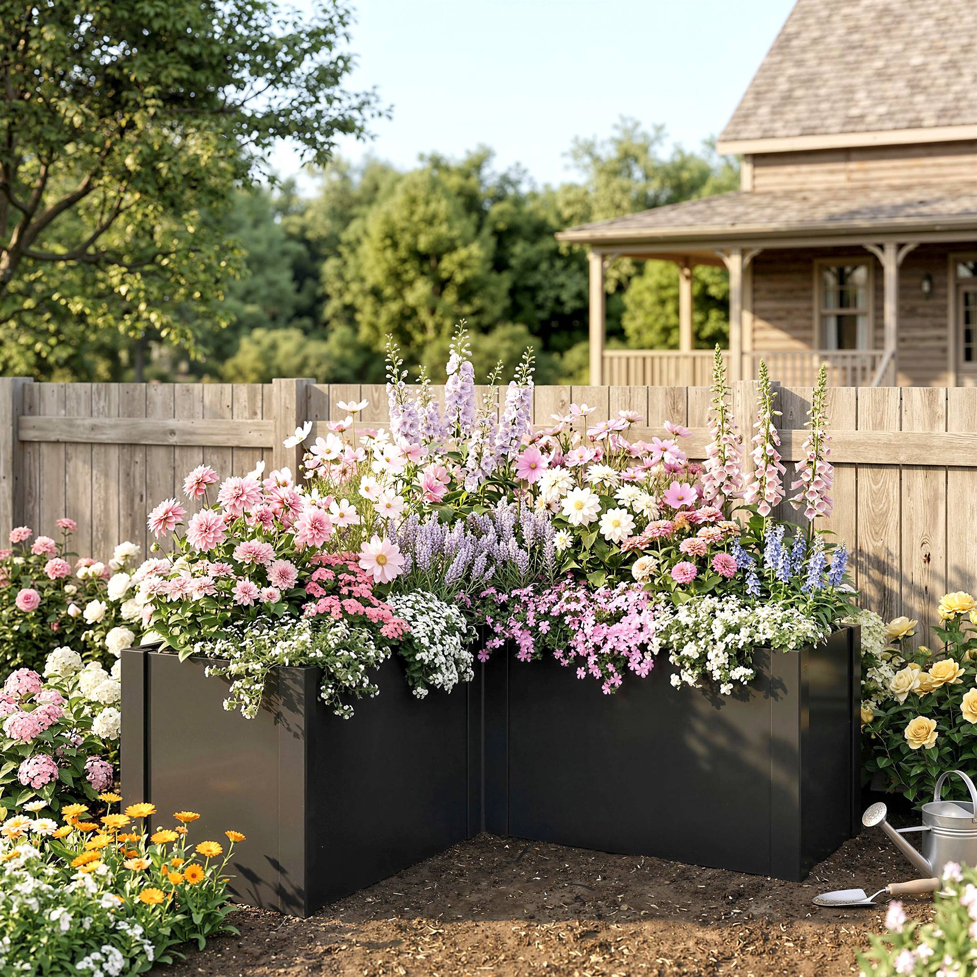 Carré potager en forme L acier galvanisé jardin grande capacité 562L drainage 150x150cm noir - ComfortXL Outdoor Living - Image 4
